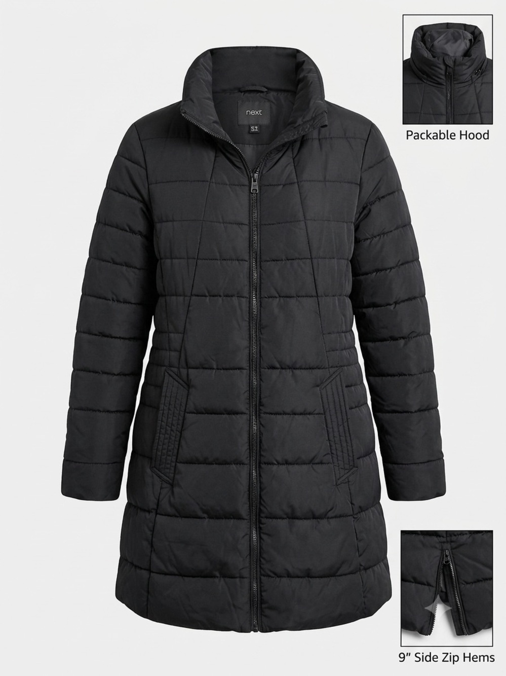 Black Long Quilted Puffer Coat US 14 XL Packable Hood Side Zip Parka Jacket